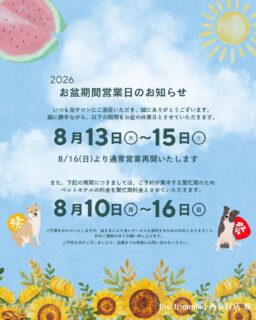 【📢お盆期間の営業について📢】

いつも当サロンにご来店いただき、誠にありがとうございます。
the trimming西京桂店雅です！🍉🐾
今年度のお盆期間中の、営業日、ホテル料金に関して
添付画像内容の通りとさせていただきます。

皆さまにはご不便をおかけしますが、
ご理解とご協力を心よりお願い申し上げます。

また、お盆期間は前後日程含めご予約が大変混み合いますので、お早めのご連絡をお待ちしております🌱

不明な点等ございましたら、店舗までお気軽にお問い合わせください。
皆様のご来店心よりお待ちしております！